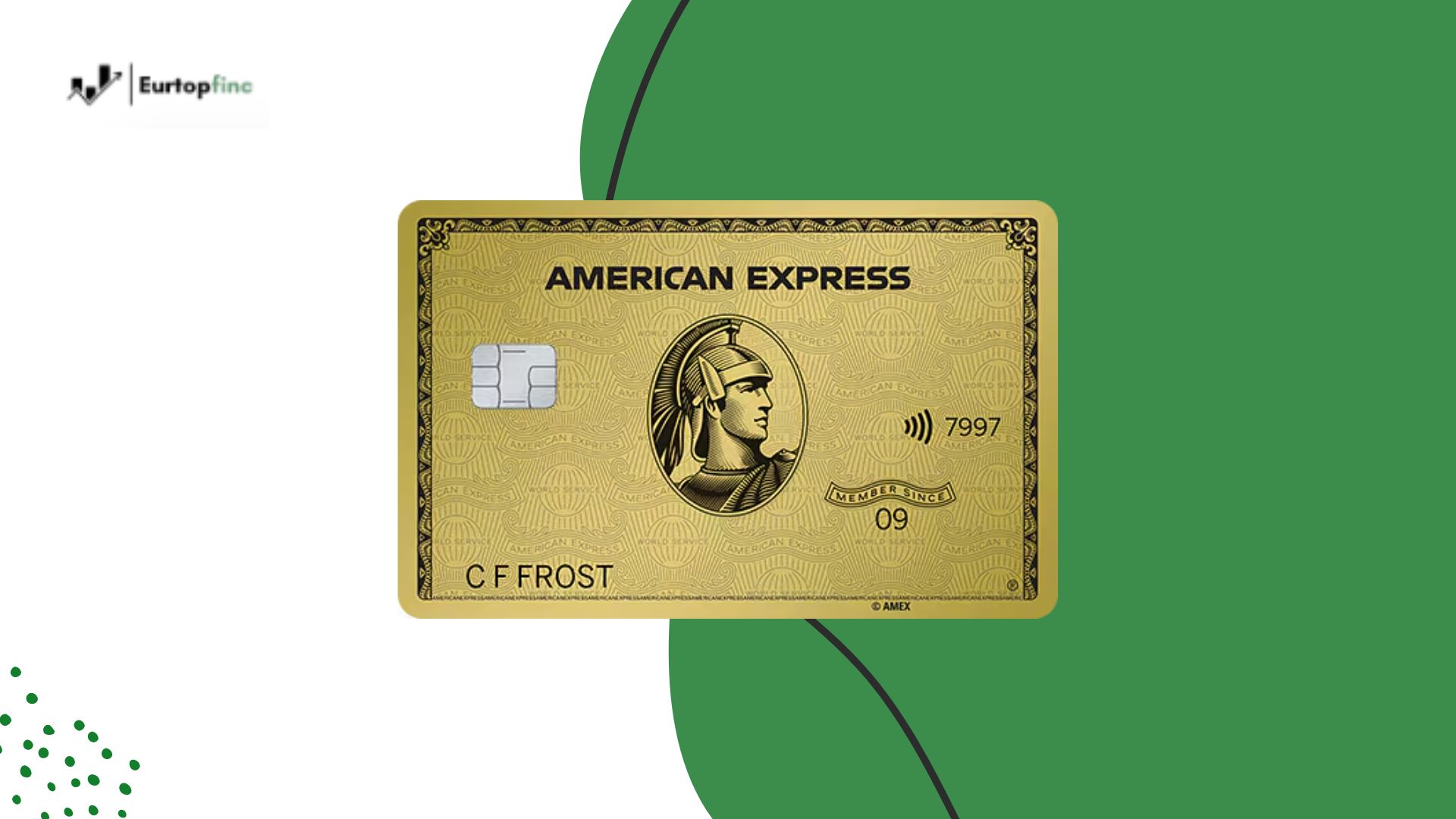 The American Express Preferred Rewards Gold Card displayed prominently against a modern green and white background, highlighting the card's elegant gold design and premium branding.