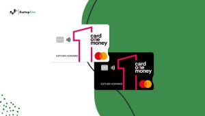 Image showing two versions of the Card One Money Credit Card, one white and one black, both displaying the Mastercard logo and contactless payment symbol, with the cardholder name "Esther Howard". The visual emphasizes the modern and stylish design of the Card One Money Credit Card.