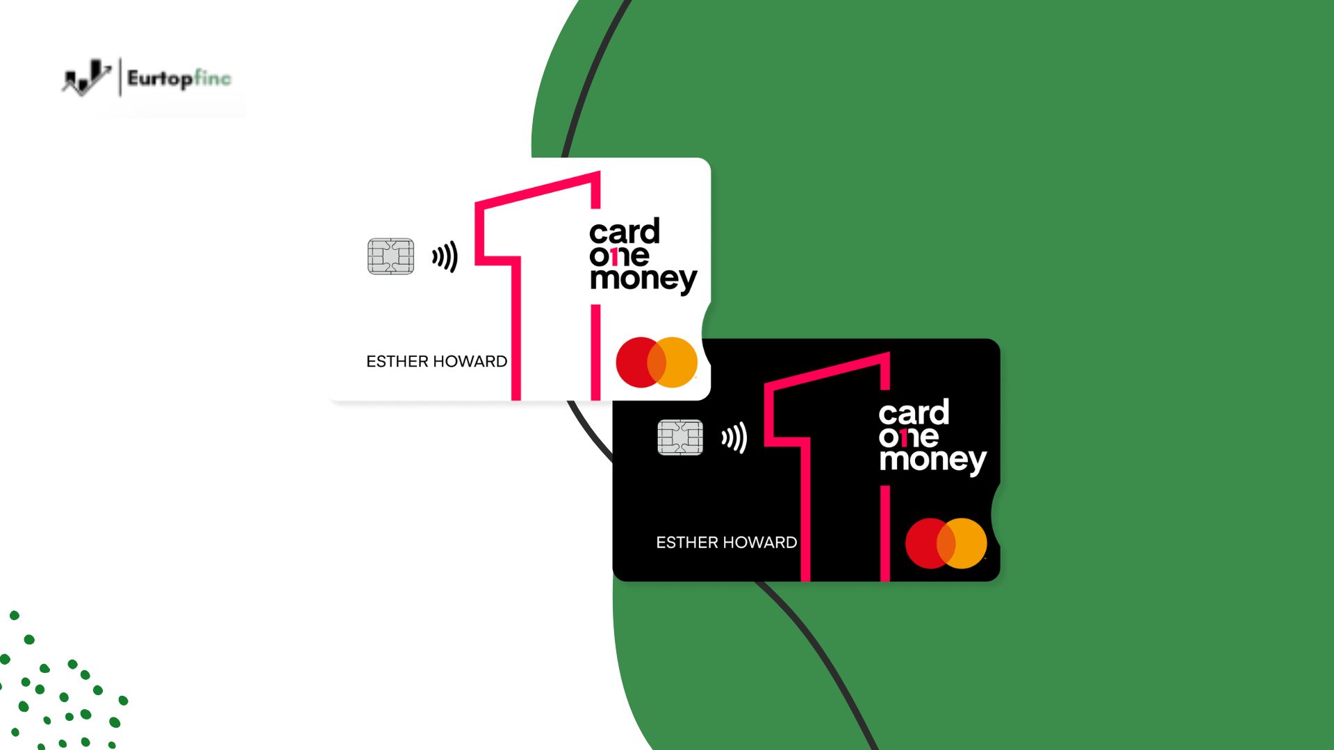Image showing two versions of the Card One Money Credit Card, one white and one black, both displaying the Mastercard logo and contactless payment symbol, with the cardholder name "Esther Howard". The visual emphasizes the modern and stylish design of the Card One Money Credit Card.