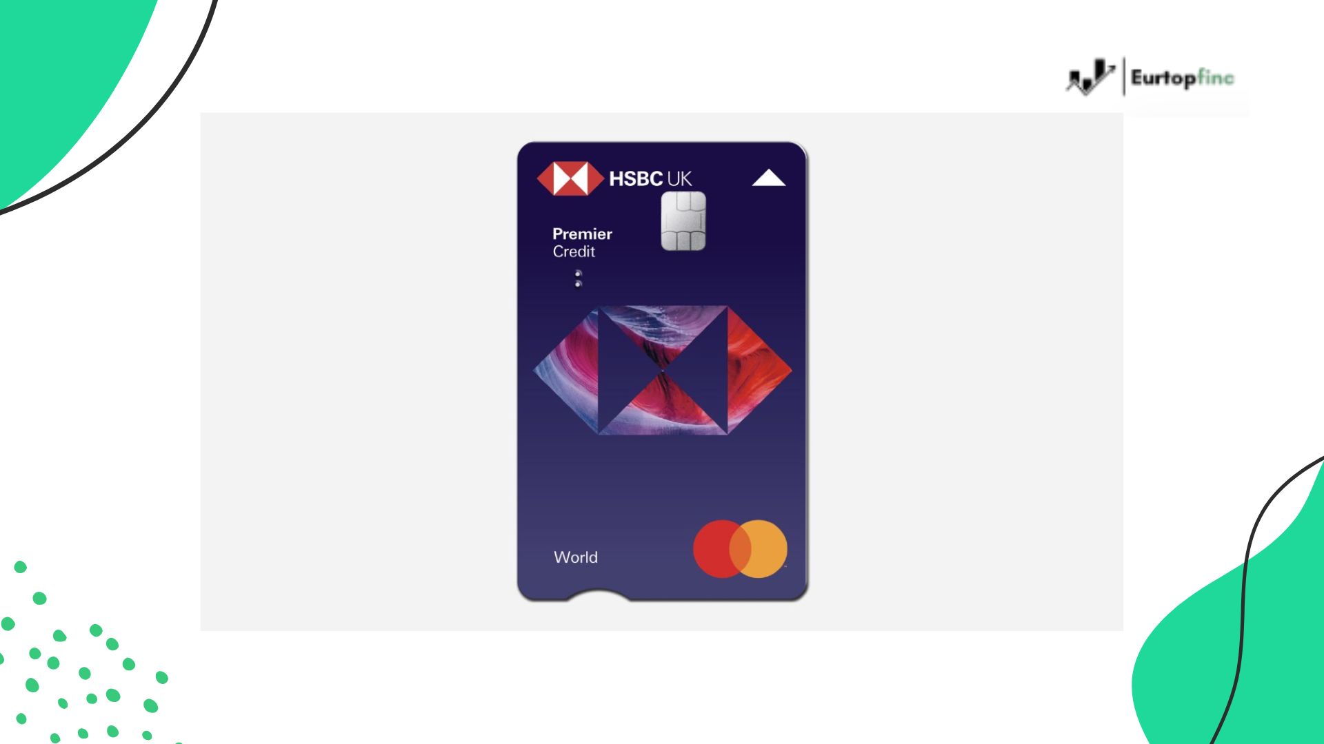HSBC Premier Credit Card featuring a sleek dark blue design with the HSBC UK logo, Premier Credit label, and Mastercard World symbol, representing premium financial services and global benefits.