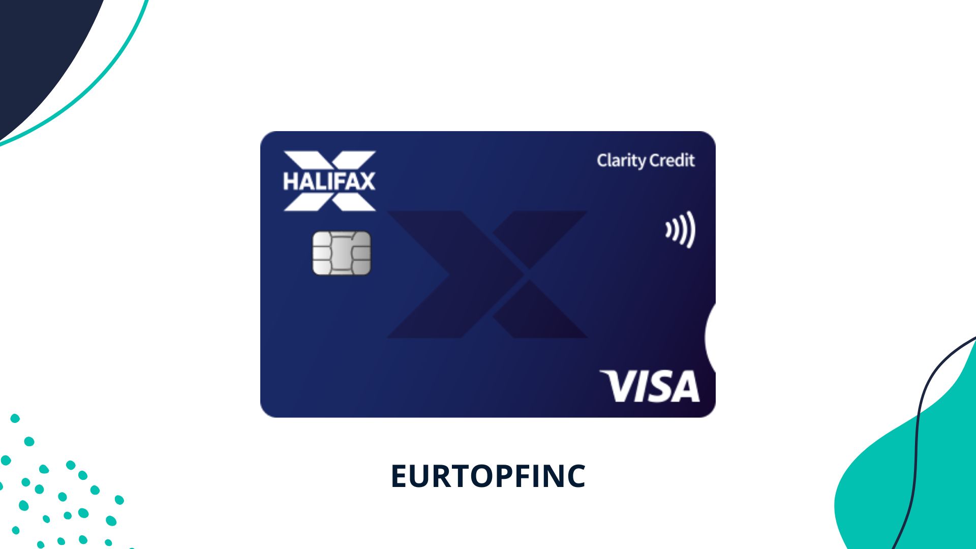 A blue Halifax Clarity Credit Card featuring the Halifax logo, contactless symbol, and Visa branding, designed for international use without foreign transaction fees.