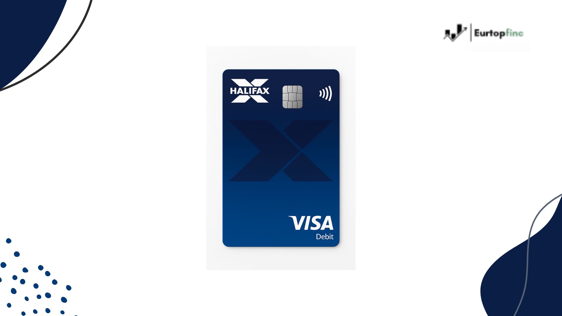 Ein Halifax Student Credit Card im vertikalen Format auf weißem Hintergrund. Die Karte zeigt das Halifax-Logo oben links, einen EMV-Chip in der Mitte und ein kontaktloses Zahlungssymbol rechts. In der Mitte befindet sich ein großes, dunkles „X“, das sich über die Karte erstreckt. Unten rechts ist das Visa-Logo mit dem Wort „Debit“ zu sehen. Die Halifax Student Credit Card steht im Fokus, während der Hintergrund mit dunkelblauen grafischen Elementen dekoriert ist.