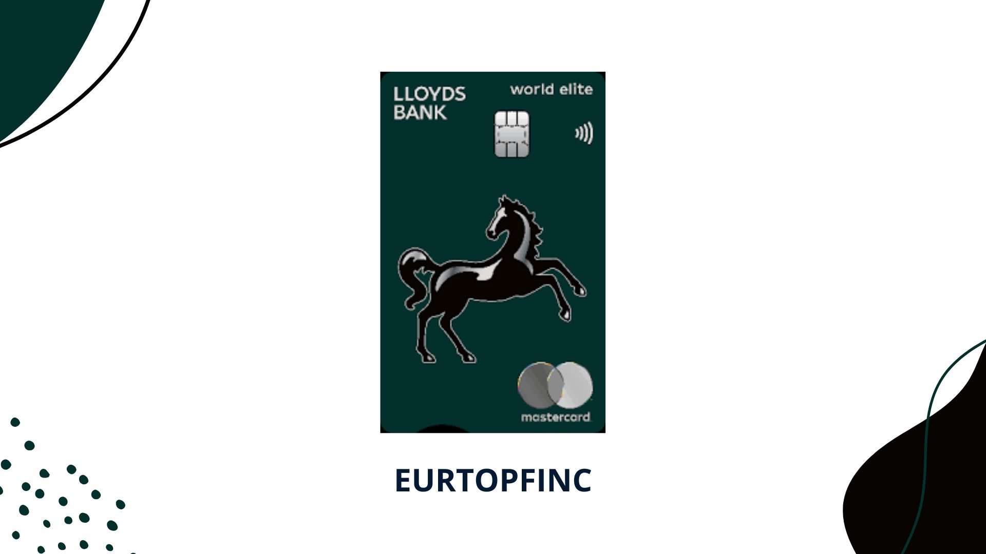 Illustration of the Lloyds Bank World Elite Mastercard®, featuring a dark green background with the iconic black horse logo, contactless symbol, and Mastercard branding — a premium credit card offered by Lloyds Bank.