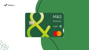 Green M&S Credit Card Transfer Plus with Mastercard logo, featuring contactless payment symbol and M&S Rewards branding, displayed against a modern graphic background with the Eurotopfinc logo in the corner.
