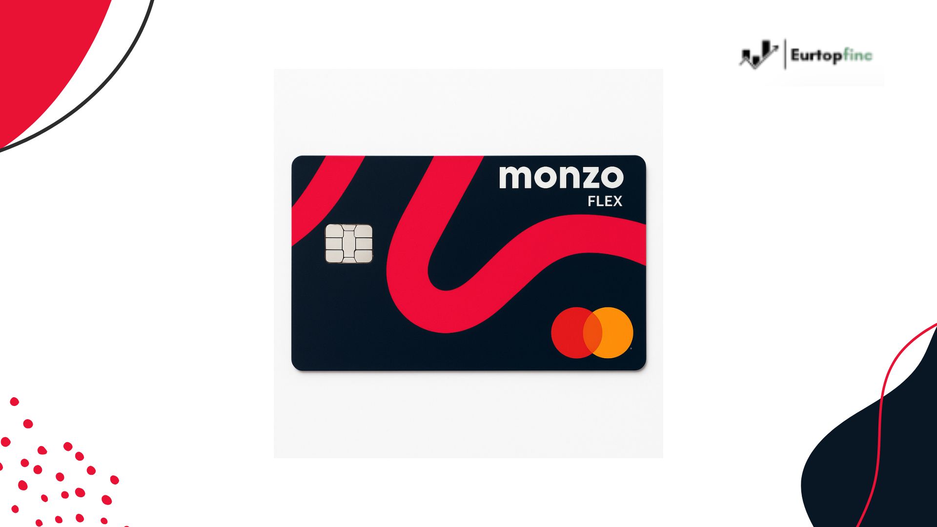 A centered image of the Monzo Flex Credit Card displayed on a clean white background with decorative red and navy blue elements in the corners. The card features a sleek dark design with a bold red wave, a silver chip, the Monzo Flex logo, and the Mastercard symbol.