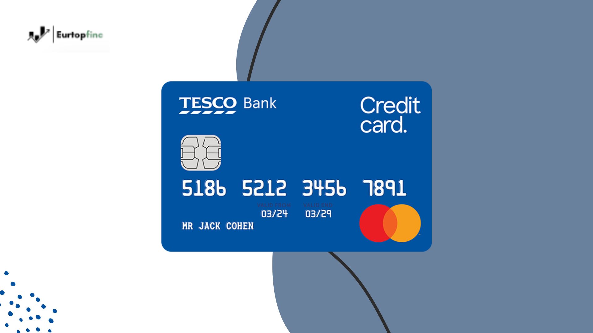 Illustration of the Tesco Bank Credit Card for Balance Transfers featuring a blue card design with Mastercard logo, chip, and cardholder name, representing a tool for consolidating and managing credit card debt effectively.