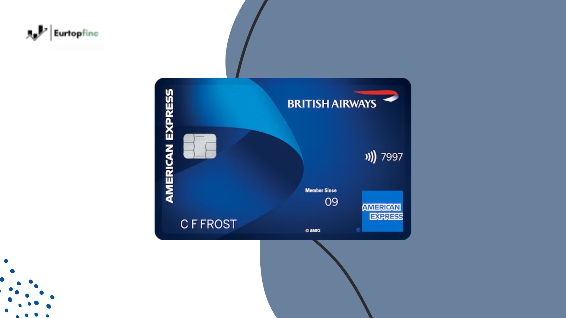 A digital image of the British Airways American Express Card, featuring a sleek blue design with the British Airways and American Express logos, chip, contactless icon, and the cardholder name “C F Frost.” Ideal for illustrating content related to the British Airways American Express Card travel rewards program.