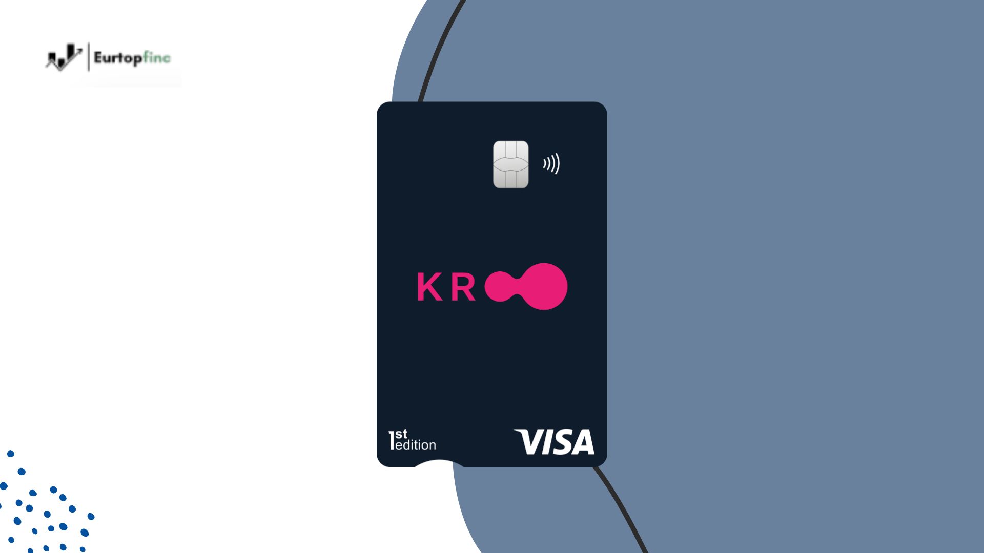 Illustration of the Kroo Debit Card, a sleek navy-blue Visa card with minimalist design and contactless payment symbol, displayed on a modern background. The card features the Kroo logo in pink and the label "1st edition", representing a stylish and innovative financial product.