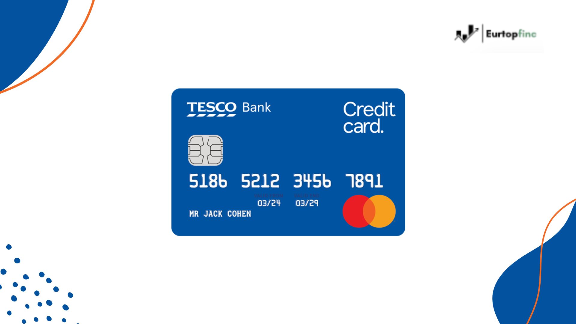 A blue Tesco Bank Purchases Credit Card featuring the Mastercard logo, chip, and card details, set against a white background with abstract orange and blue design elements.