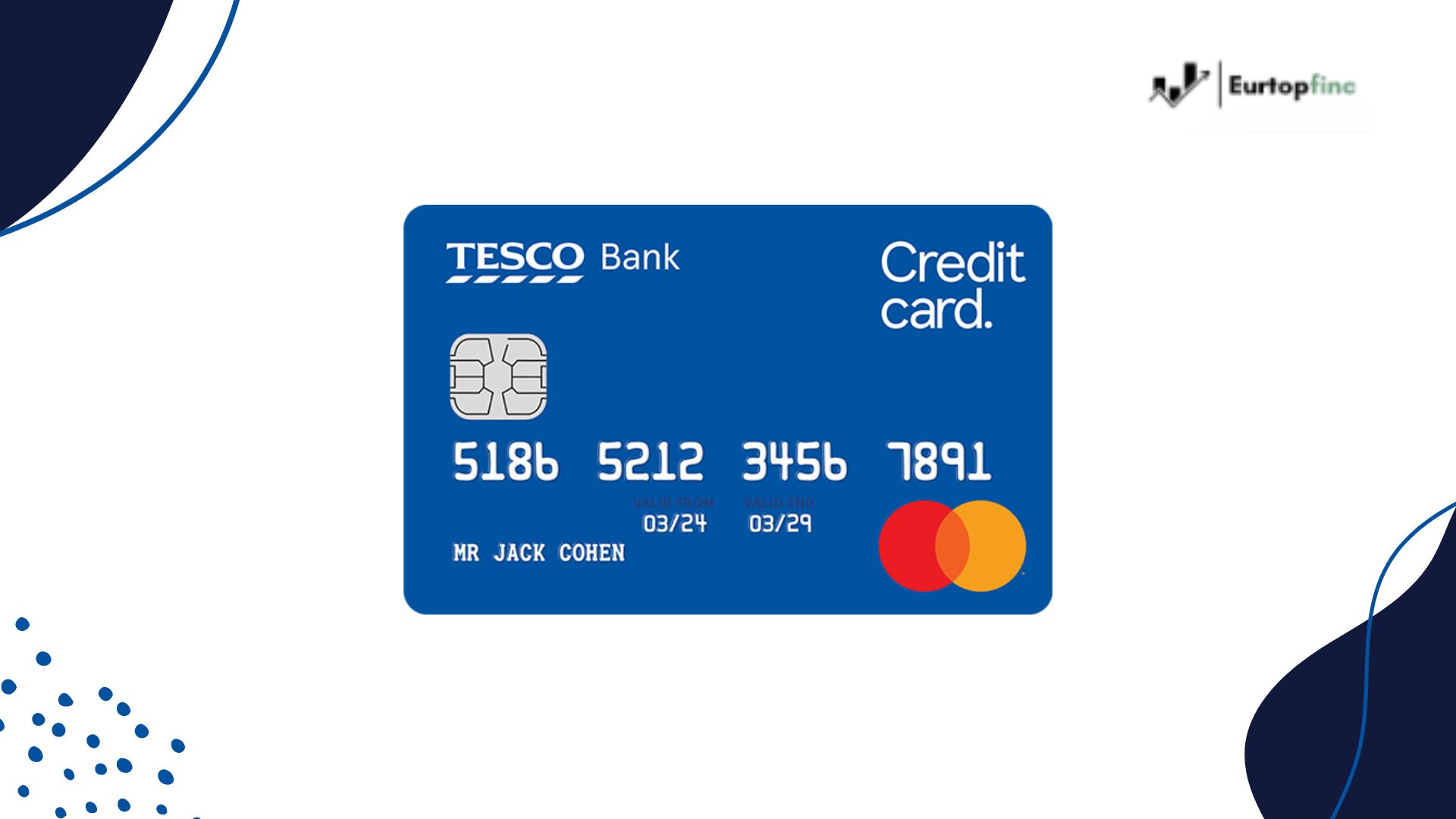 Blue Tesco Bank credit card with Mastercard logo, labeled "Tesco Clubcard Credit Card for Rewards", designed for customers to earn points and enjoy exclusive Tesco benefits.