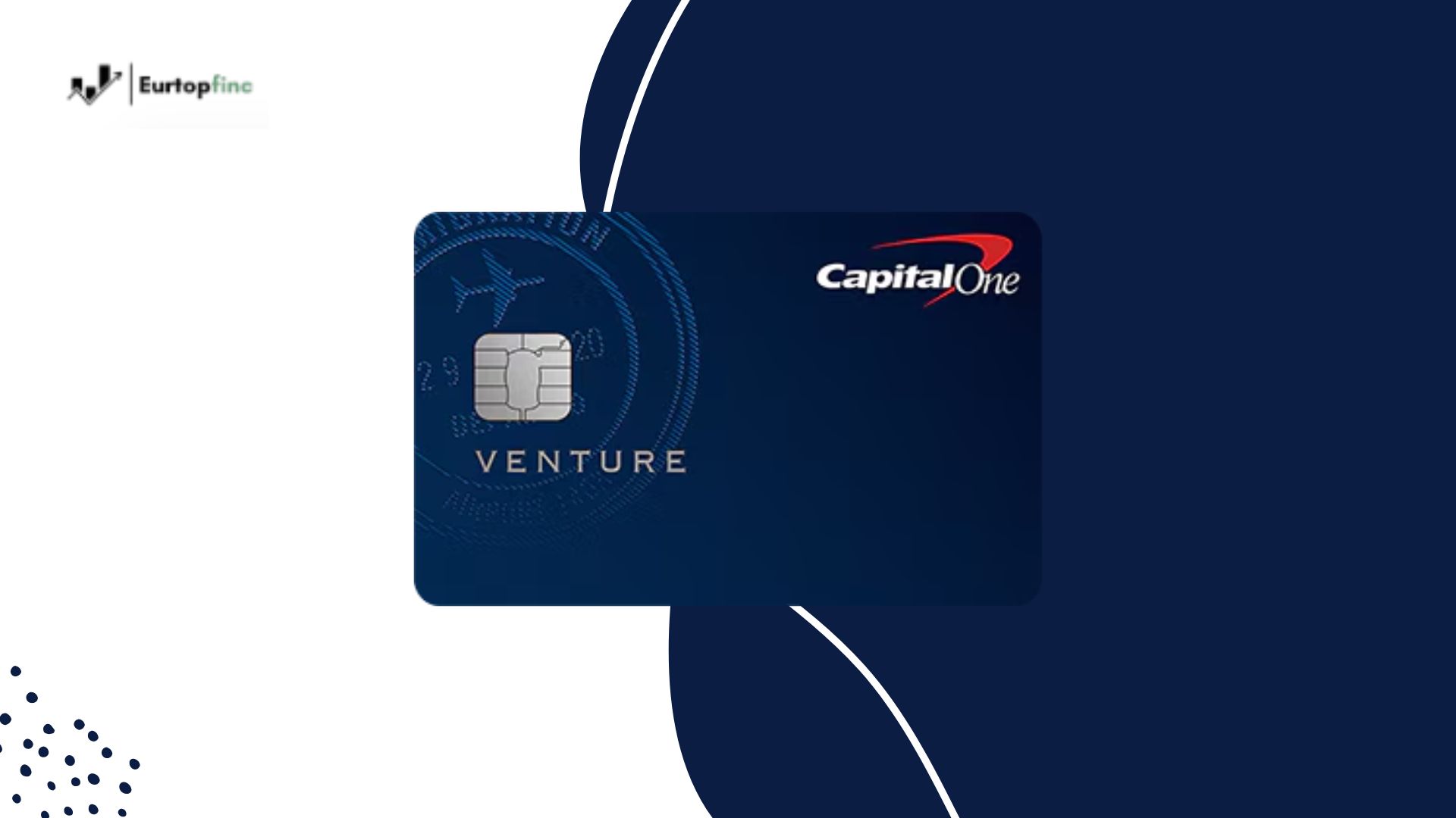 A digital rendering of the Capital One Venture Credit Card, featuring a sleek navy design with the Capital One logo, a travel-themed background with an airplane icon, and the word "Venture" centered beneath the EMV chip.