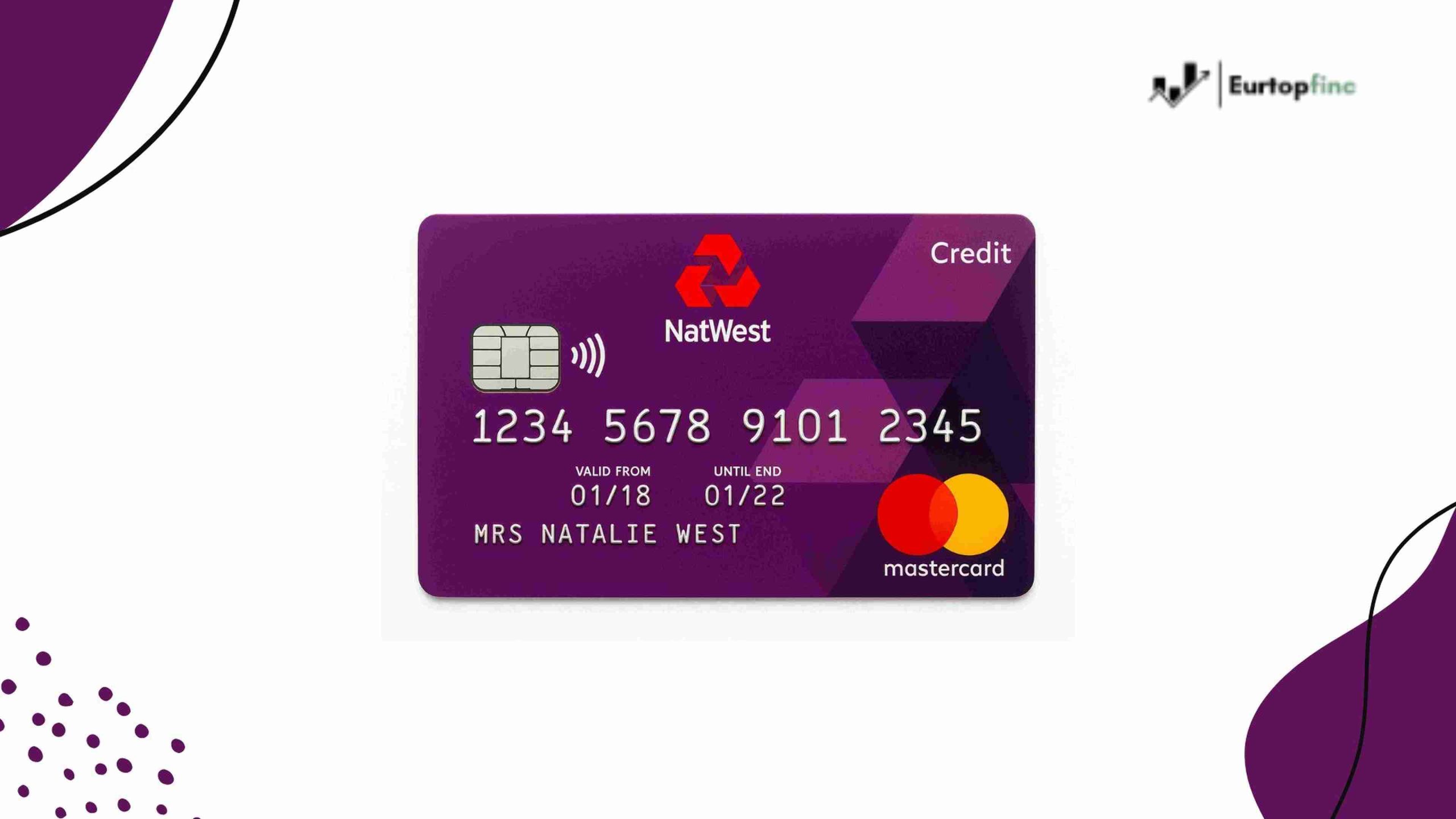 A promotional image of the NatWest Longer Balance Transfer card displayed against a white background with purple design elements. The credit card is centered and shows the NatWest logo, card number, chip, contactless symbol, and Mastercard logo, highlighting the visual branding of the NatWest Longer Balance Transfer card.