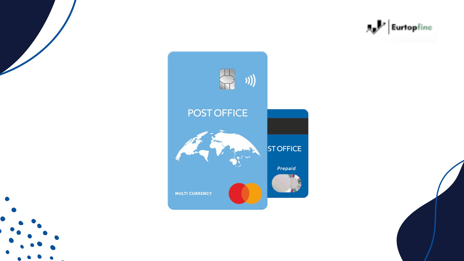 Illustration of the Post Office Travel Money Card showing the front and back design of this prepaid multi-currency Mastercard for international travel.