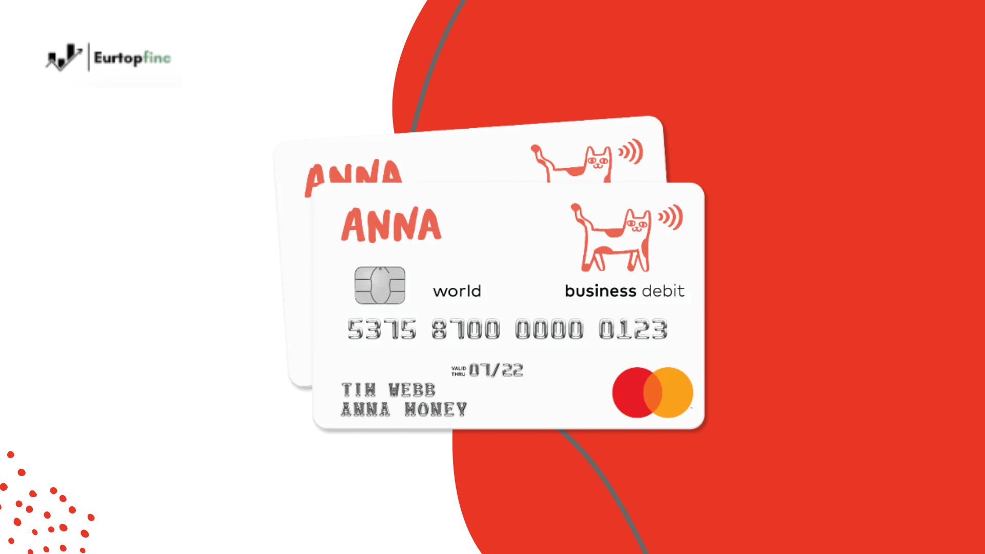 Two ANNA Money Prepaid Business Cards featuring the brand’s signature cat logo and Mastercard symbol, displayed on a bold red and white background, representing a modern business payment solution.