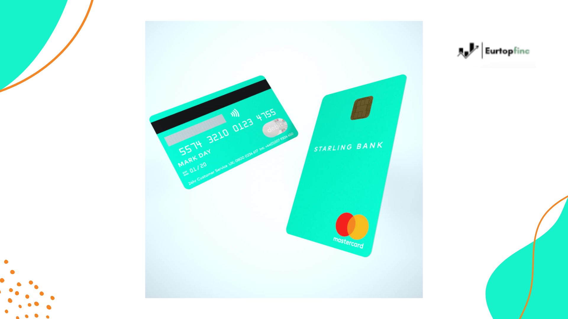 Front and back view of the Starling Bank Debit Card, featuring a sleek turquoise design, contactless payment symbol, and Mastercard logo, representing modern digital banking.